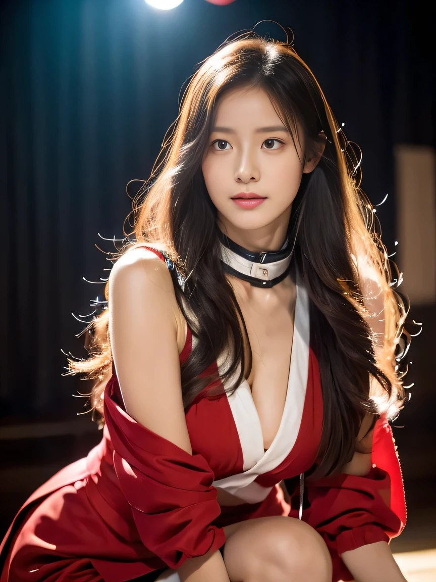 best qualtiy,tmasterpiece,(Very fine and beautiful:1.2), vague background,looking at viewert, 1girll, 独奏, Fahigarh, red rip, Blushlush, BDSM, tight suits, Komono, Shibari, remove collar, Bound arms, Thigh arms, Seiza sits, leaning-forward, yellow eyes、no straight hair, glowing eyes yellow, Kneeling