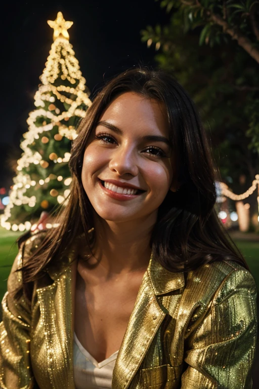 hyperrealistic picture of a smiling woman next to a lit up large christmas tree at a park at night
