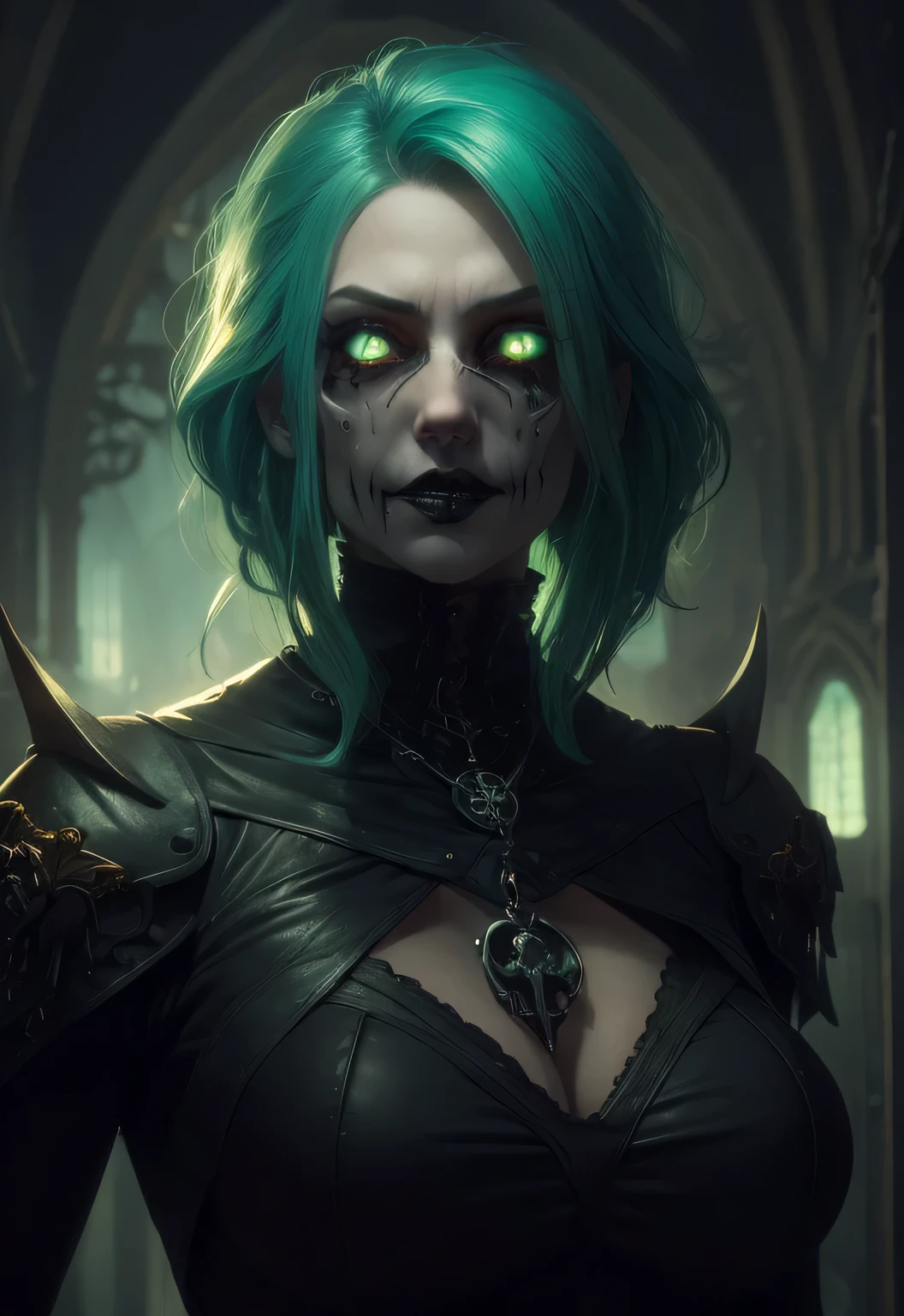 Vampire Girl. tousled short aquamarine hair. green colored eyes. very extremely beautiful, beautiful young face. Gothic Leather Necromancer Armor, black-green, Black pants, many details, Necromantic pendant in the form of a skull for the neck............................... Gloomy mood. Мистический black-green лес с магическими рунами. Semi-fantastic realism. His expression is gloomy, Arrogant, aristocratic. full - body, fights hordes of ghosts and skeletons. properly proportioned, the golden ratio. a lot of details, necromancy, мистическое Gloomy mood, Lots of glowing elements. Horror. fantasy style.