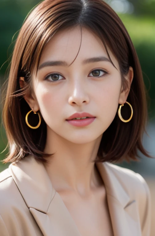 1girl in, bare_tree, brown_eyes, brown_hair, coat, cross_earrings, Pearl Earrings, Pearl Accessories、Shrine of Japan、dance、jewely, s lips, Shorthair, looking_at_viewer, plein air, yuki, yuki, 独奏, The tree, upper_body, Winters, winter_clothes, detailed_eyes,Point your chest at the camera、huge tit、Put your ears out、The face of the golden ratio、The body of the golden ratio、top-quality、The ultra -The high-definition、bangss