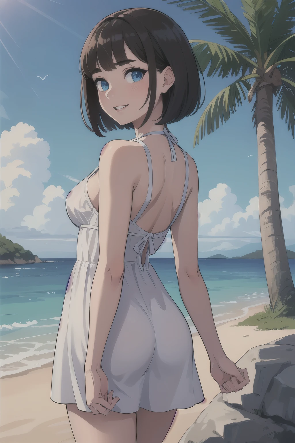 (masterpiece, best quality, absurdres, ultra detailed, intricate details, beautiful, finely detailed:1.5), 1 girl, brown hair, bob cut, medium hair, blue eyes, asymmetrical bangs, medium breasts, toned, beach, ocean, reflective water, palm tree, rock, summer, evening, sunset, wind, arms behind back, walking, looking at viewer, blush, light smile, parted lips, white sundress, cowboy shot,