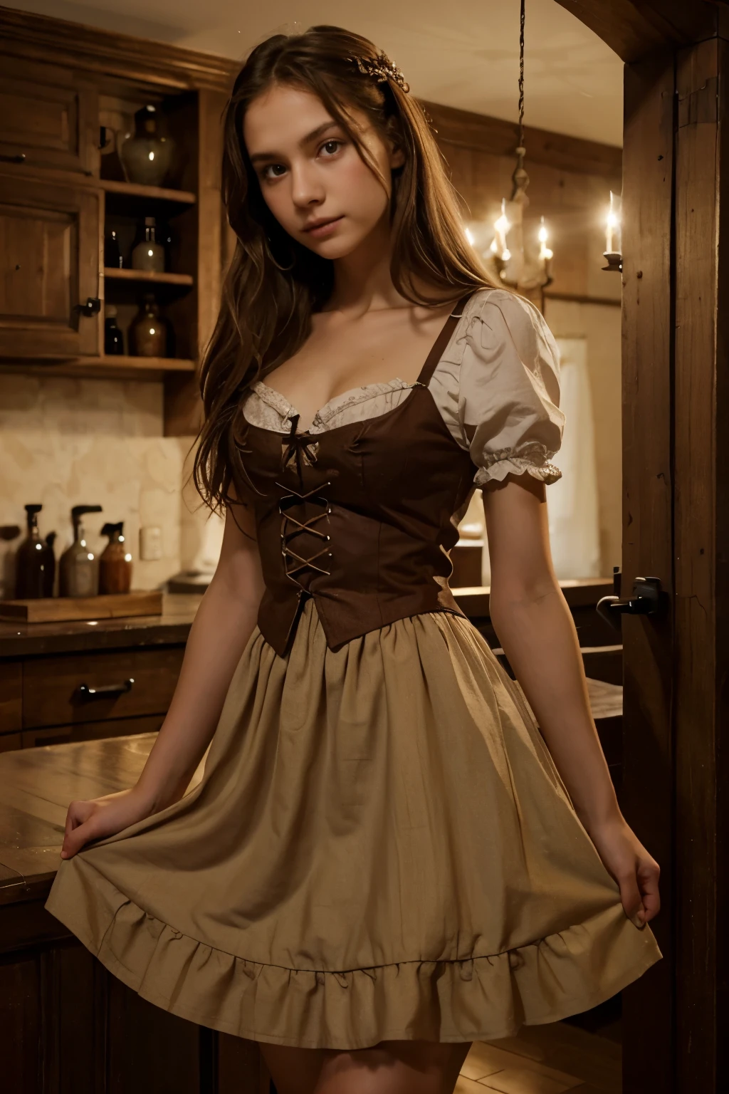Blutjung, beautiful, skinny age girl with brown, Glattes Haar im Dirndlkleid