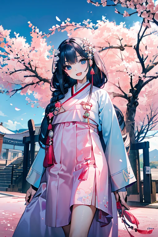 masterpiece, best quality, highres, bbhana, long hair, blacj hair, single braid, hair ornament, whisker markings, ((korean clothes)), ((hanbok)), long sleeves, striped sleeves, ((sky blue jacket)), pink skirt, cherry blossoms, outdoors, standing, smile, open mouth, peace sign, blue eyes, large breast, sexy,