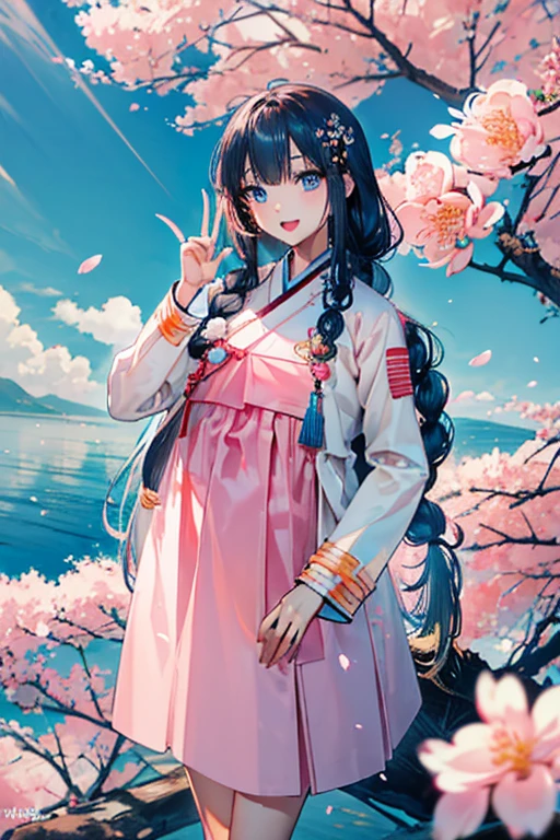 masterpiece, best quality, highres, bbhana, long hair, blacj hair, single braid, hair ornament, whisker markings, ((korean clothes)), ((hanbok)), long sleeves, striped sleeves, ((sky blue jacket)), pink skirt, cherry blossoms, outdoors, standing, smile, open mouth, peace sign, blue eyes, large breast, sexy,