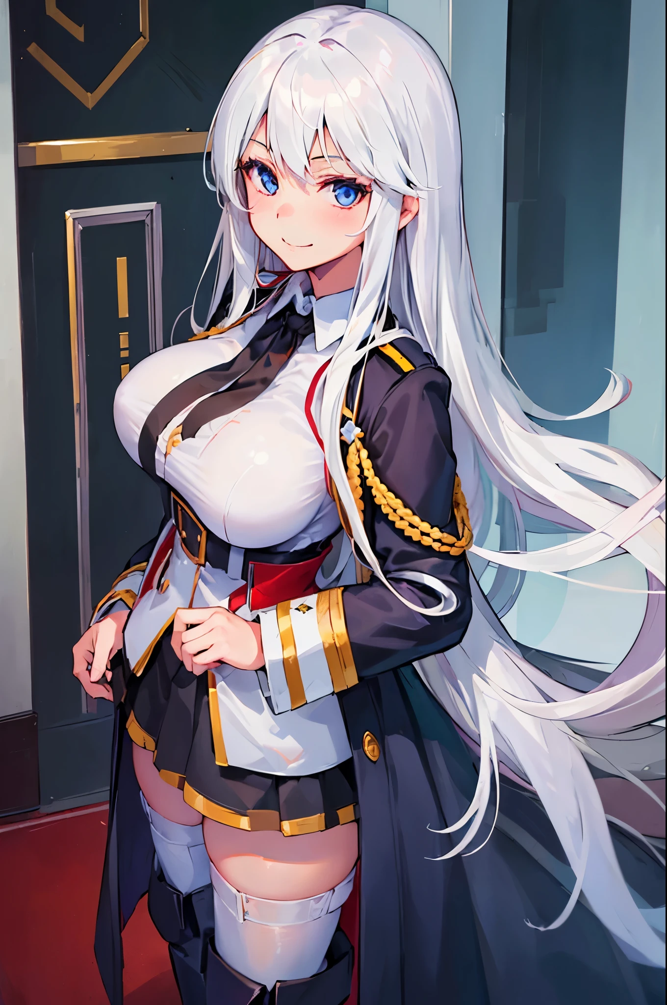 (((Best quality, 1girl,))) white hair, uniform, coat, large breasts, looking at viewer, warm smile, blue eyes, long hair, military uniform, indoors, close up,