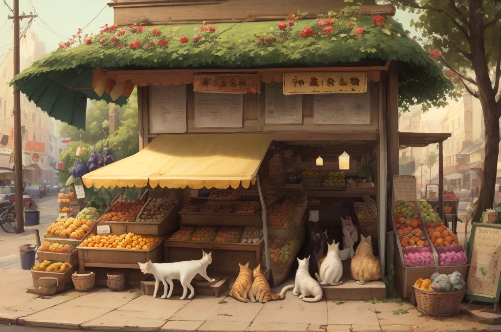A group of cats resting under a fruit stand