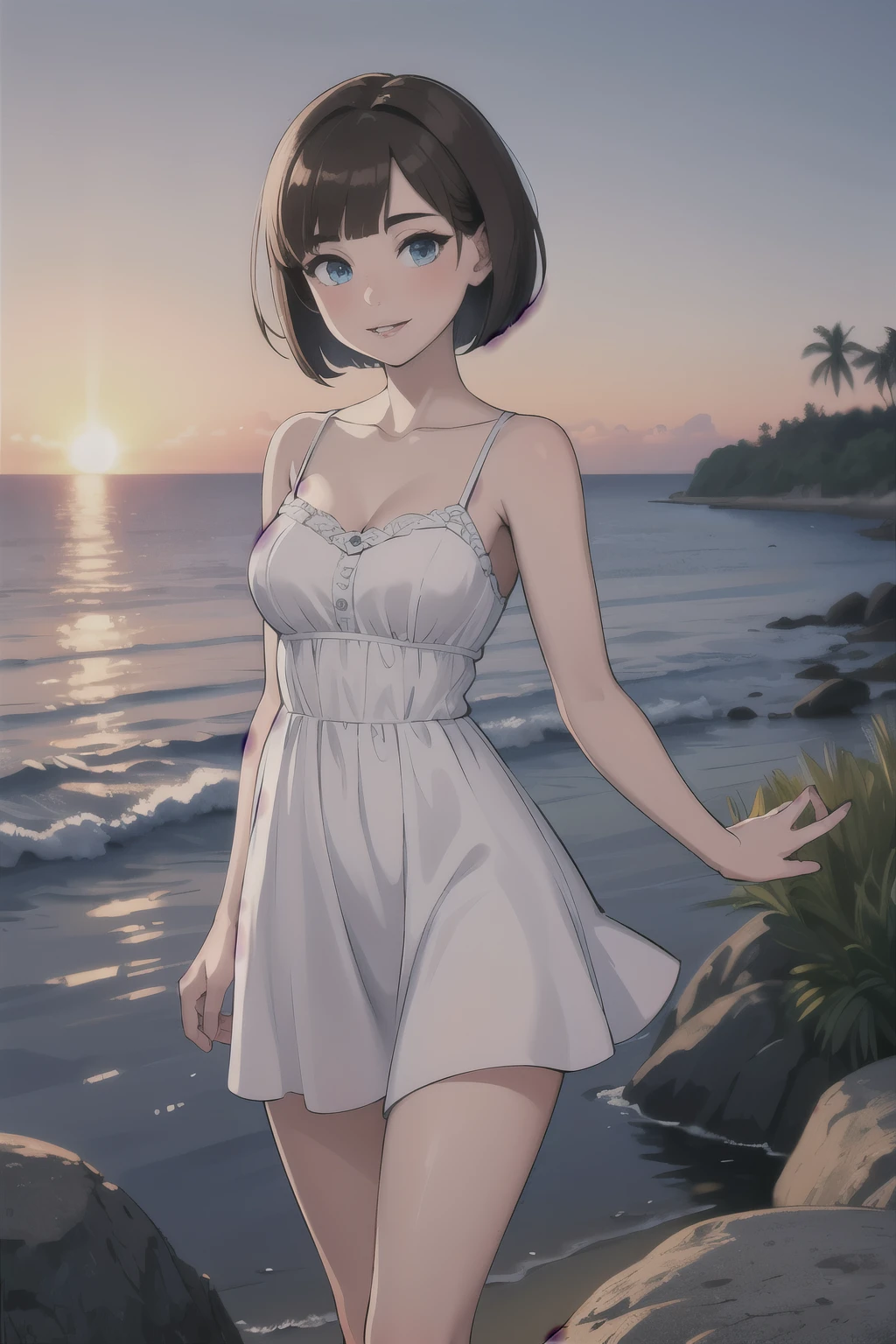 (masterpiece, best quality, absurdres, ultra detailed, intricate details, beautiful, finely detailed:1.5), 1 girl, brown hair, bob cut, medium hair, blue eyes, asymmetrical bangs, medium breasts, toned, beach, ocean, reflective water, palm tree, rock, summer, evening, sunset, wind, arms behind back, walking, looking at viewer, blush, light smile, parted lips, white sundress, cowboy shot,