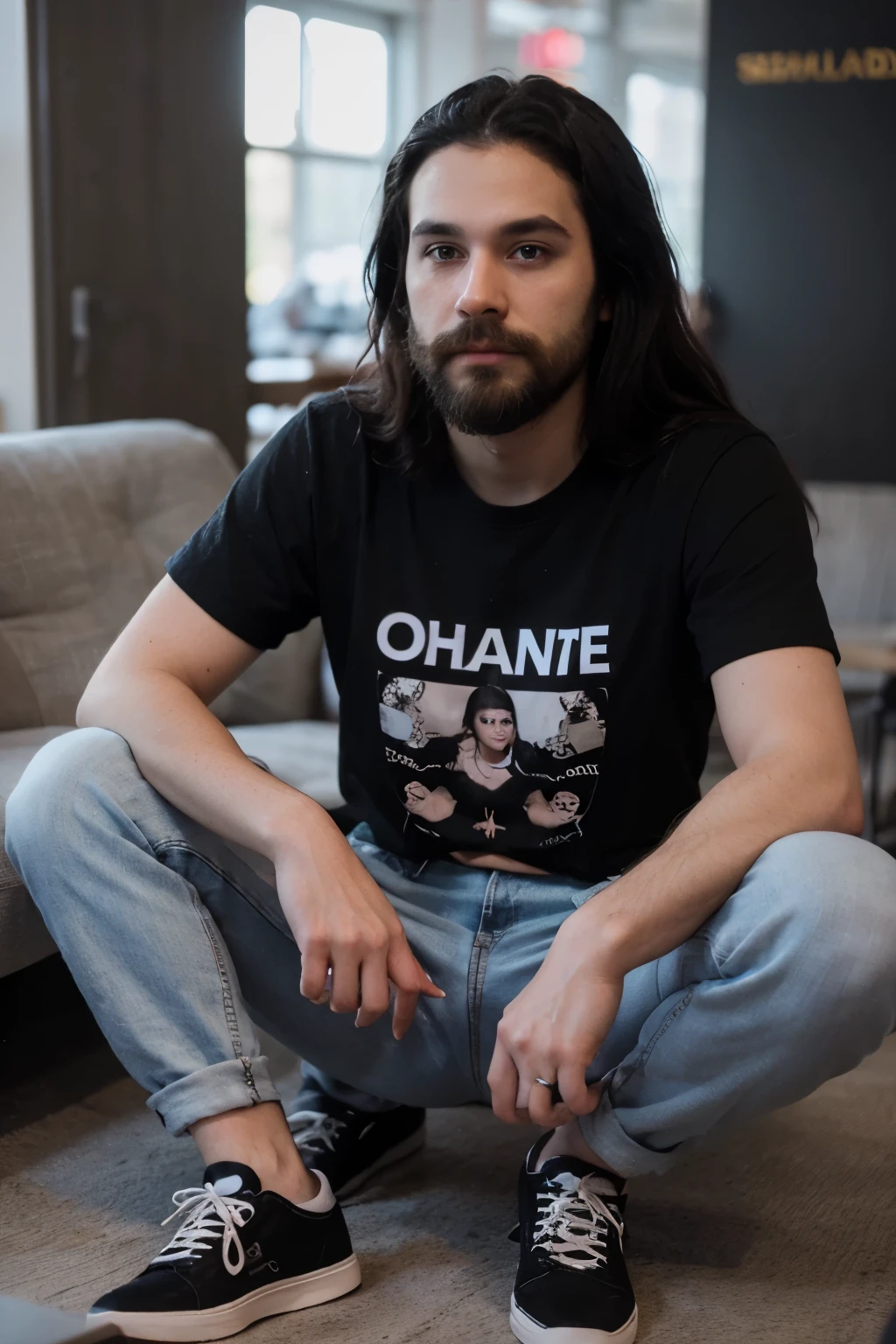 Create a 3D illustration of a realistic male human character sitting on a social media logo with a friendly face, long black hair, moustache and beard, wearing purple shoes, torn jeans and a black t-shirt labeled "ANDEE", superimposed over the Istagram social media page interface. Various elements of the social media interface are visible including the profile picture, number of friends, and posts. The background of the image is a social media profile page with the username "ANDEE" and a corresponding profile picture.