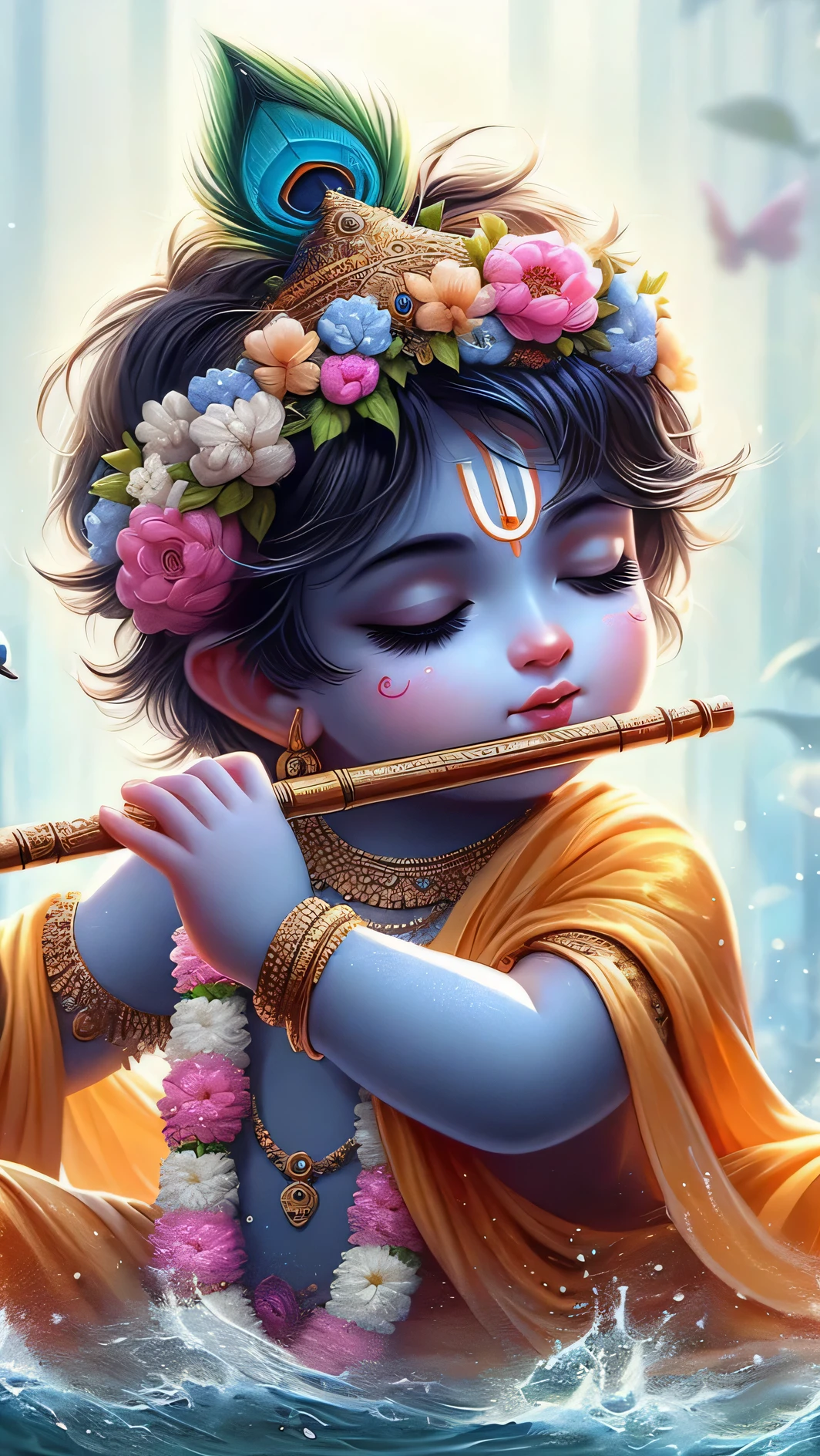 a painting of a  boy playing flute in the water, indian god, mobile wallpaper, hd wallpaper, amazing wallpaper, very beautiful photo, beautiful wallpaper, hindu god, wallpapers, phone wallpaper, high quality wallpaper, hindu art, hindu aesthetic, hd phone wallpaper, beautiful goddess, wallpaper mobile, cute beautiful, vishnu, beautiful cute, phone wallpaper hd, serene expression