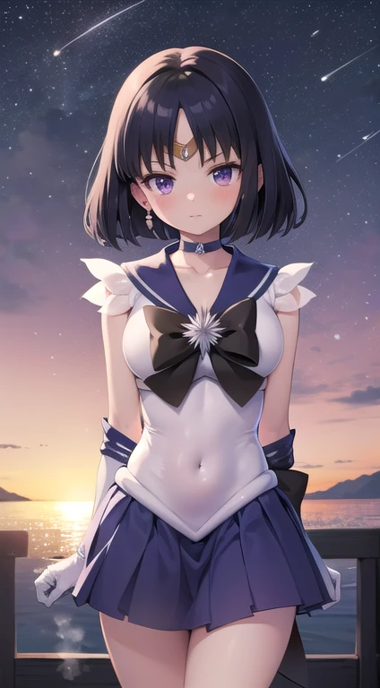 (masterpiece:1.2, best quality:1.2), (shiratama:1.2), R15, highres, (realistic:0.5), (extremely detailed), (intricate), (beautiful dentaled glow:1.2), sunset, gradient sky, space, cinematic lighting, (pixiv), 1girl, (8k, HD, portrait, cowboy shot, anime, 4k, novel illumination, soft outline, (perfect quality:1.2), bangs
BREAK (tomoe hotaru, sailor saturn), purple eyes, purple hair, short hair,
BREAK back bow, purple bow, purple choker, purple sailor collar, purple skirt, bow, choker, earring, tiara, elbow gloves, jewelry, magical girl, large breast, collarbone, (white leotard), miniskirt, sailor collar, sailor senshi uniform, boots, (sleeveless), ((see-through)), (skindentation:1.2), (steaming body:1.2), (bare shoulders, bare hip, thighs, covered navel)
BREAK (perfect anomary, perfect hand), (perfect cute face:1.4), (perfect clothes, perfect body), night, (sky:1.2), heavy breathing, (:o, (in front), outdoor, energy, NFSW), white background