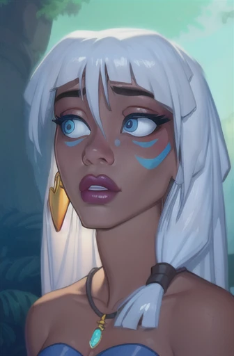 a, long hair, dark skin, 1girl, solo, dark-skinned female, white hair, blue eyes, jewelry, earrings, bare shoulders, facial mark. Cum on face