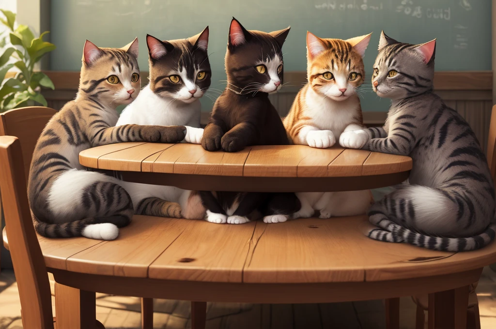 A group of cats resting and chatting on a cafe table,coffee on the table