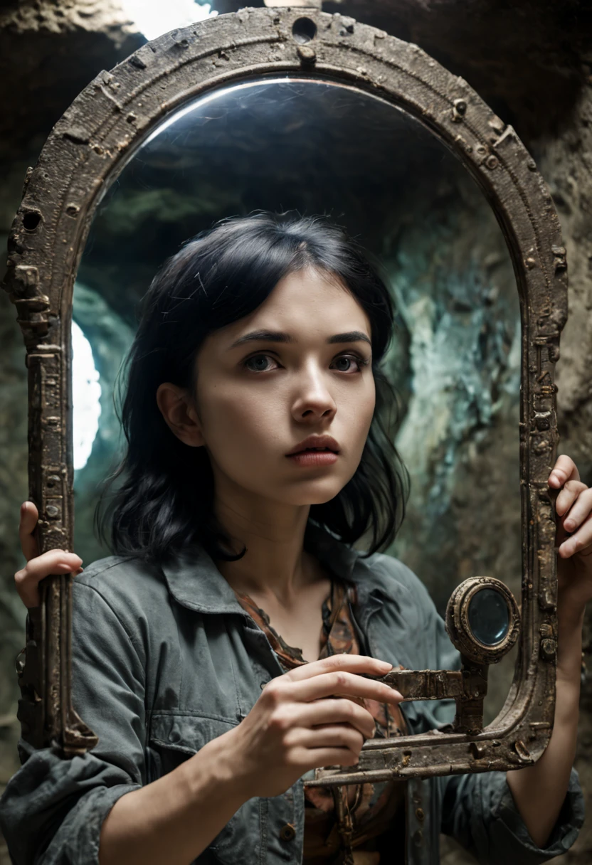 a 26yo female Modern adventurer in (A Handheld Ancient mirror), underground Mysterious Ancient Relics, black hair, cinematic