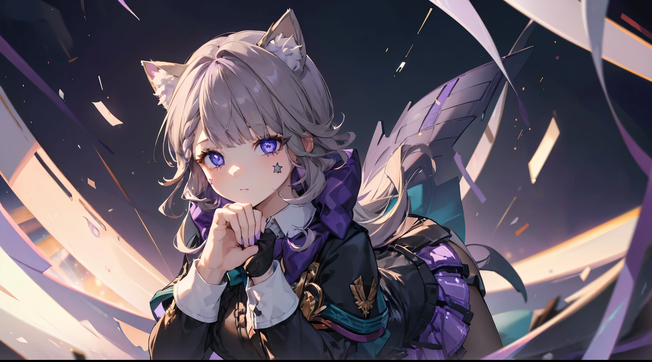 (((4k, masterpiece, top-quality))) ,8k, best quality, high resolution, HD, unity 8k wallpaper, (((illustration))), (((beautiful purple detailed eyes:1.6))), extremely detailed face, perfect lighting, extremely detailed CG, (perfect hands, perfect anatomy:1.8), lynette, animal ear fluff, animal ears, cat ears, hair bow, (purple eyes:1.1), brown hair, (((single star on left cheek))), bow, green bow, hat, leotard, long sleeves, miniskirt, pantyhose, skirt, top hat,