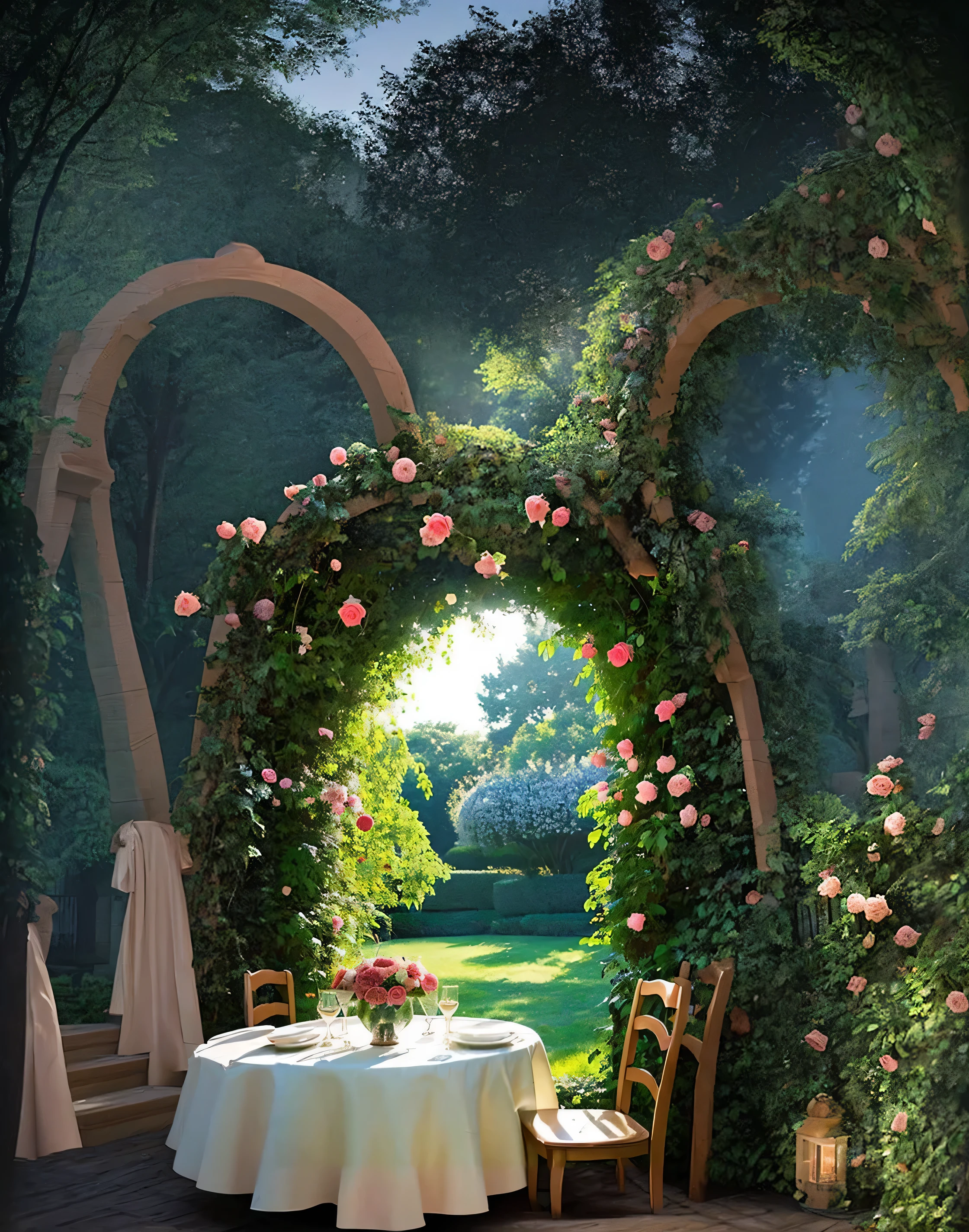 A dark forest surrounding an arch of climbing roses.