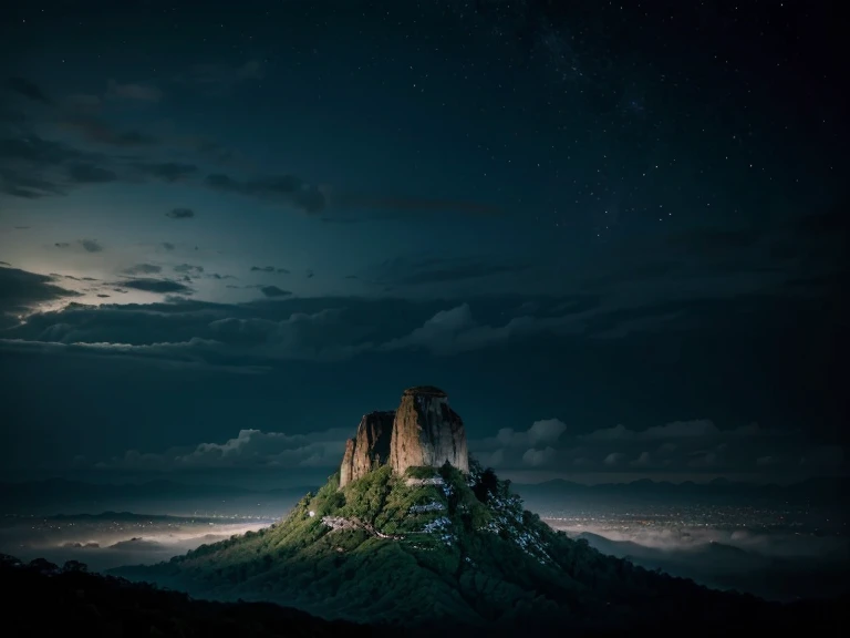 ultra wide angle, ultra detailed, masterpiece:1.3, sharp focus:1.5, photorealistic:1.3, bokeh, low exposure, highlight night sky, stunning view, lush jungle background, mountain range.