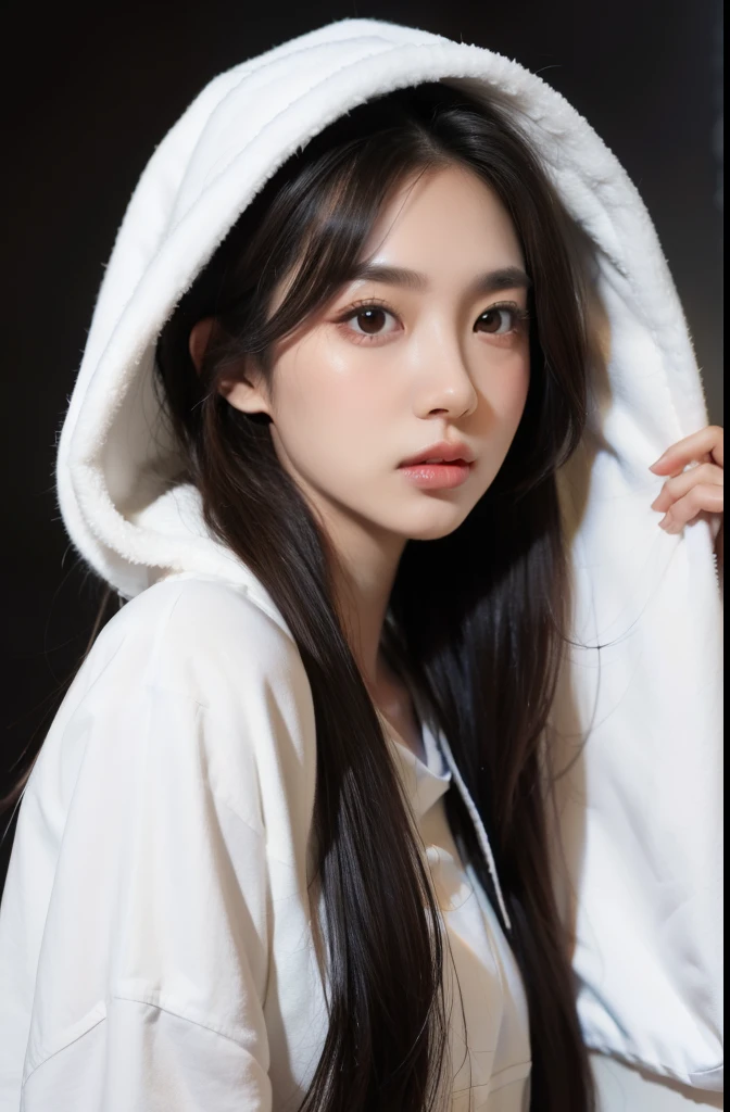 1girl, Pretty woman, chinese , long hair , brown eyes , big eyes , photography, raw photos , oversized hoodie:1.2, Detailed eyes, slightly thick eyebrows, sharp big nose