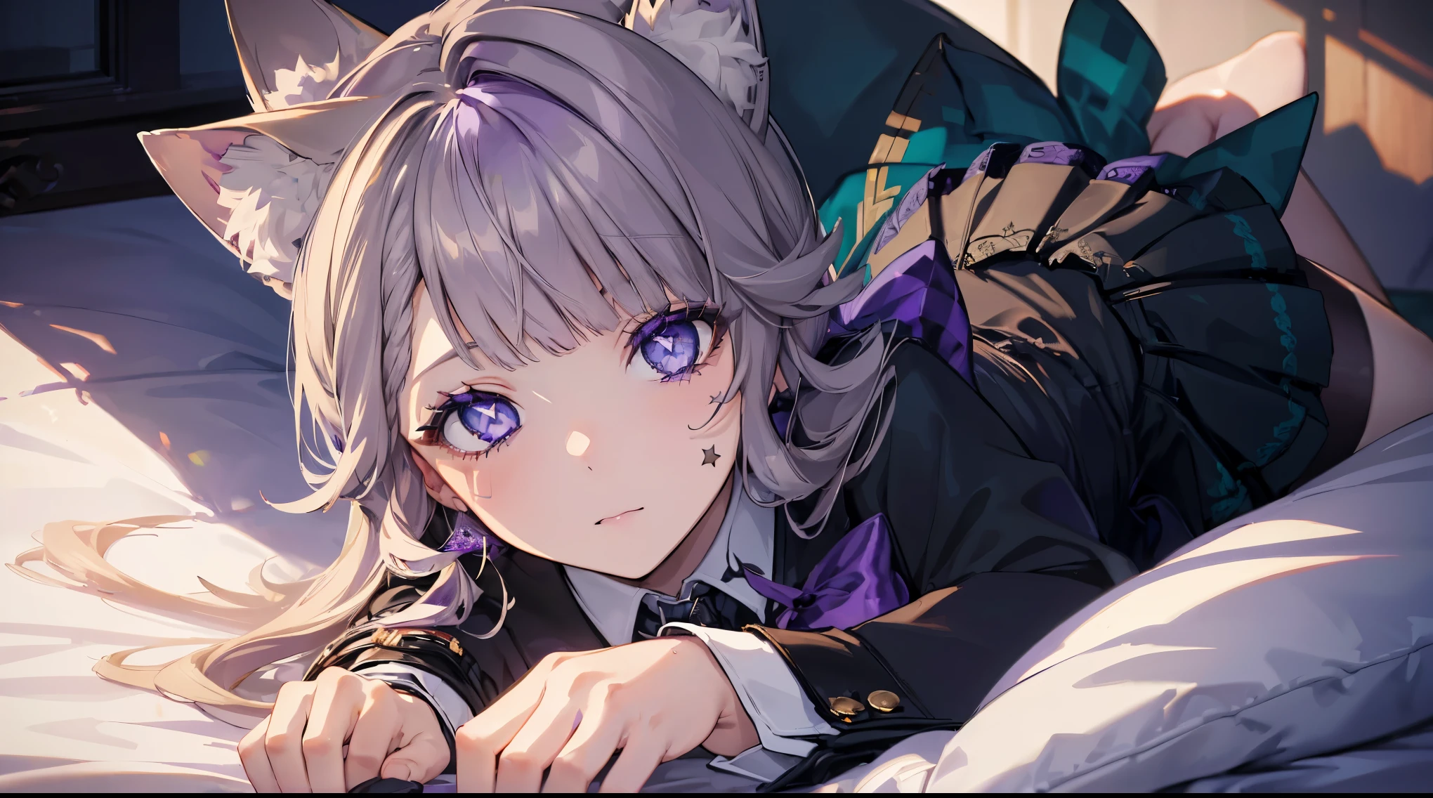 (((4k, masterpiece, top-quality))) ,8k, best quality, high resolution, HD, unity 8k wallpaper, (((illustration))), (((beautiful purple detailed eyes:1.6))), extremely detailed face, perfect lighting, extremely detailed CG, (perfect hands, perfect anatomy), lynette, animal ear fluff, animal ears, cat ears, hair bow, (purple eyes:1.1), brown hair, (((single star on left cheek))), bow, green bow, hat, leotard, long sleeves, miniskirt, pantyhose, skirt, top hat,