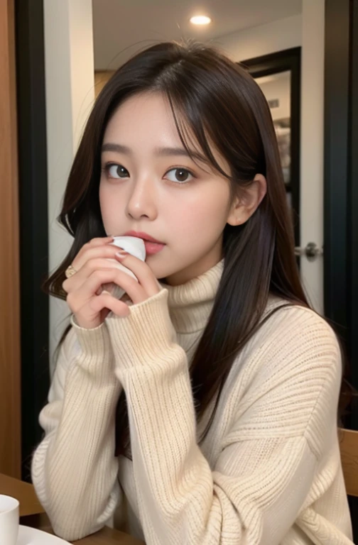 A woman sitting at a table drinking coffee, Brown hair、Semi-long、fluffy hair、Pearl Accessories、kawaii girl, Dark blue coat、Beige turtleneck sweater、 beautiful young woman with, Young adorable face,Taken secretly from a distance , Beautuful Women