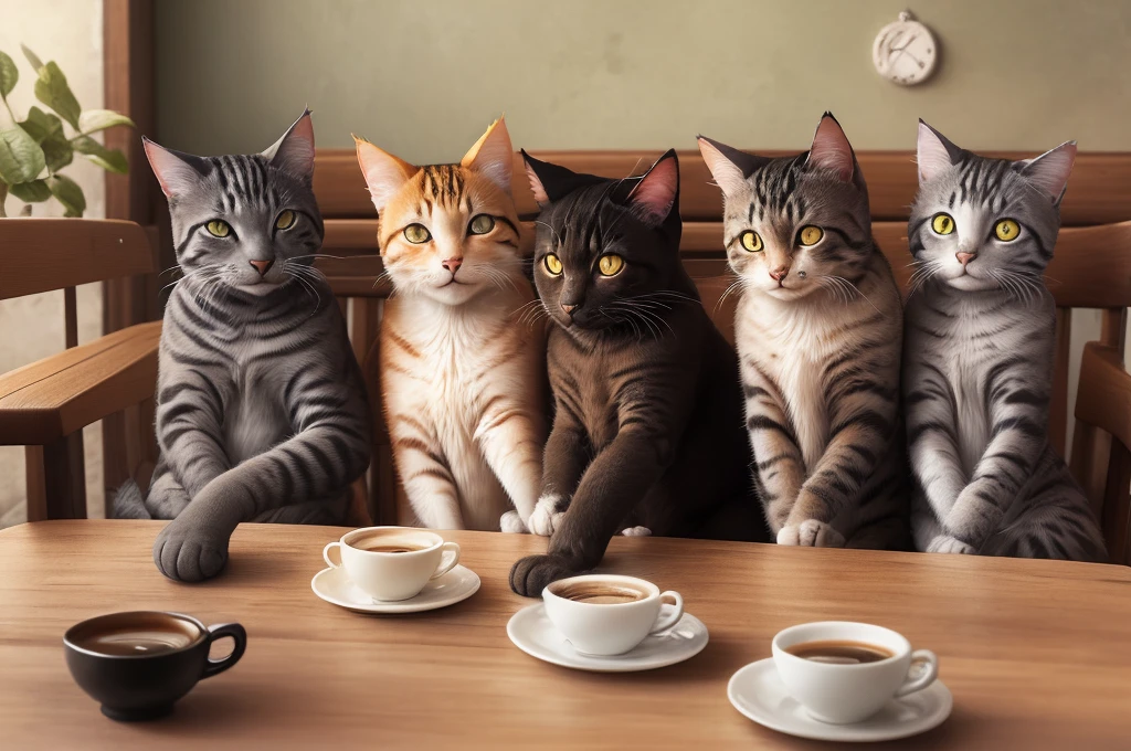 A group of cats resting and chatting on a cafe table,There is freshly brewed coffee on the table