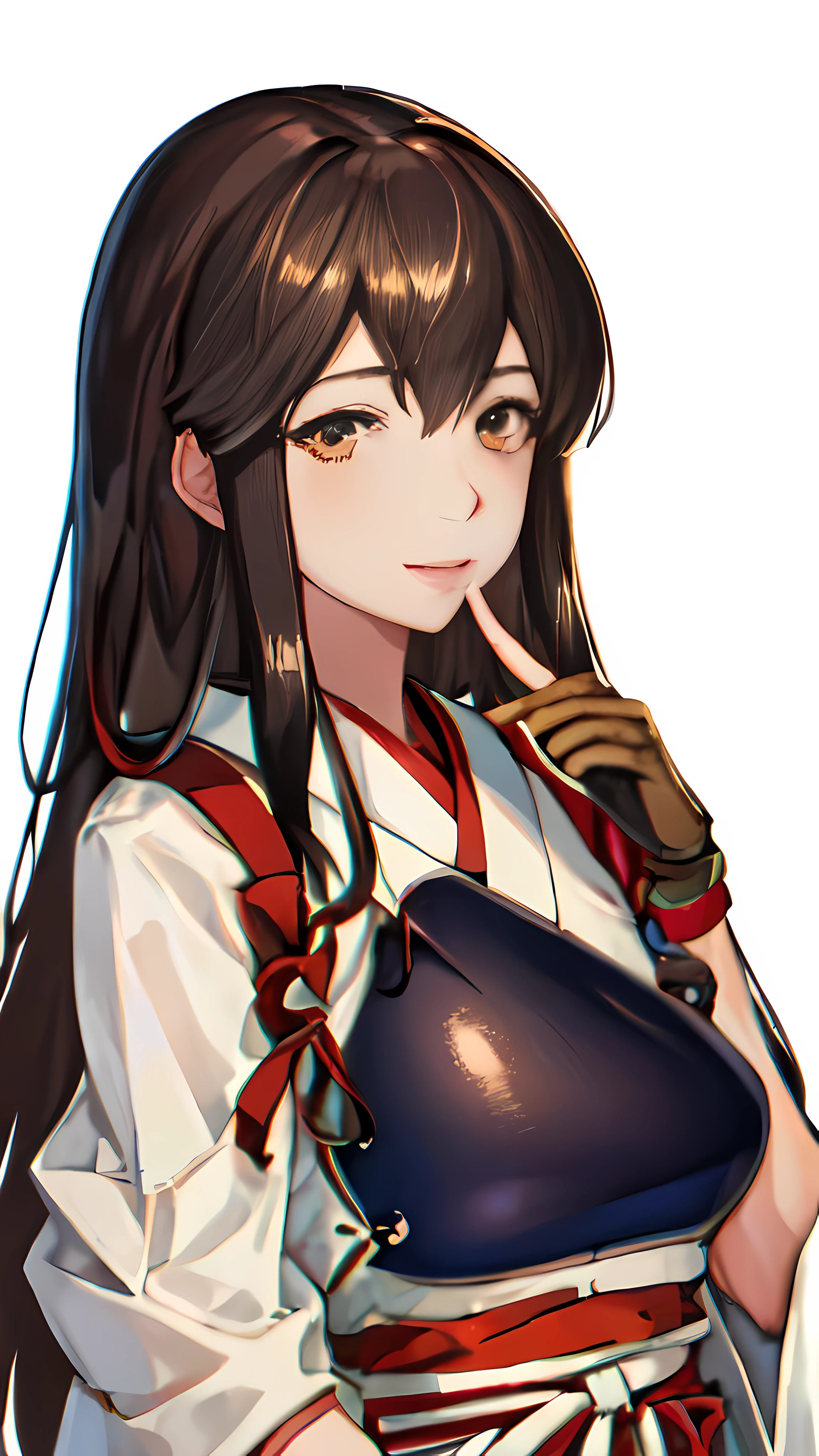 Best Quality, masutepiece, hight resolution, Solo, {akagi_Kantai Collection:1.15}, long_hair, brown_hair, brown_Eyes, muneate, tasuki, Smile, 1girl in , Japanese_Clothes, , partially_fingerless_gloves, arma, distortion, Single_hand armor, outstretched_Highly detailed arms、extremely detailed eye、extra detailed face、Insanely detailed body、The back room with the bewitching expression of extremely detailed skin