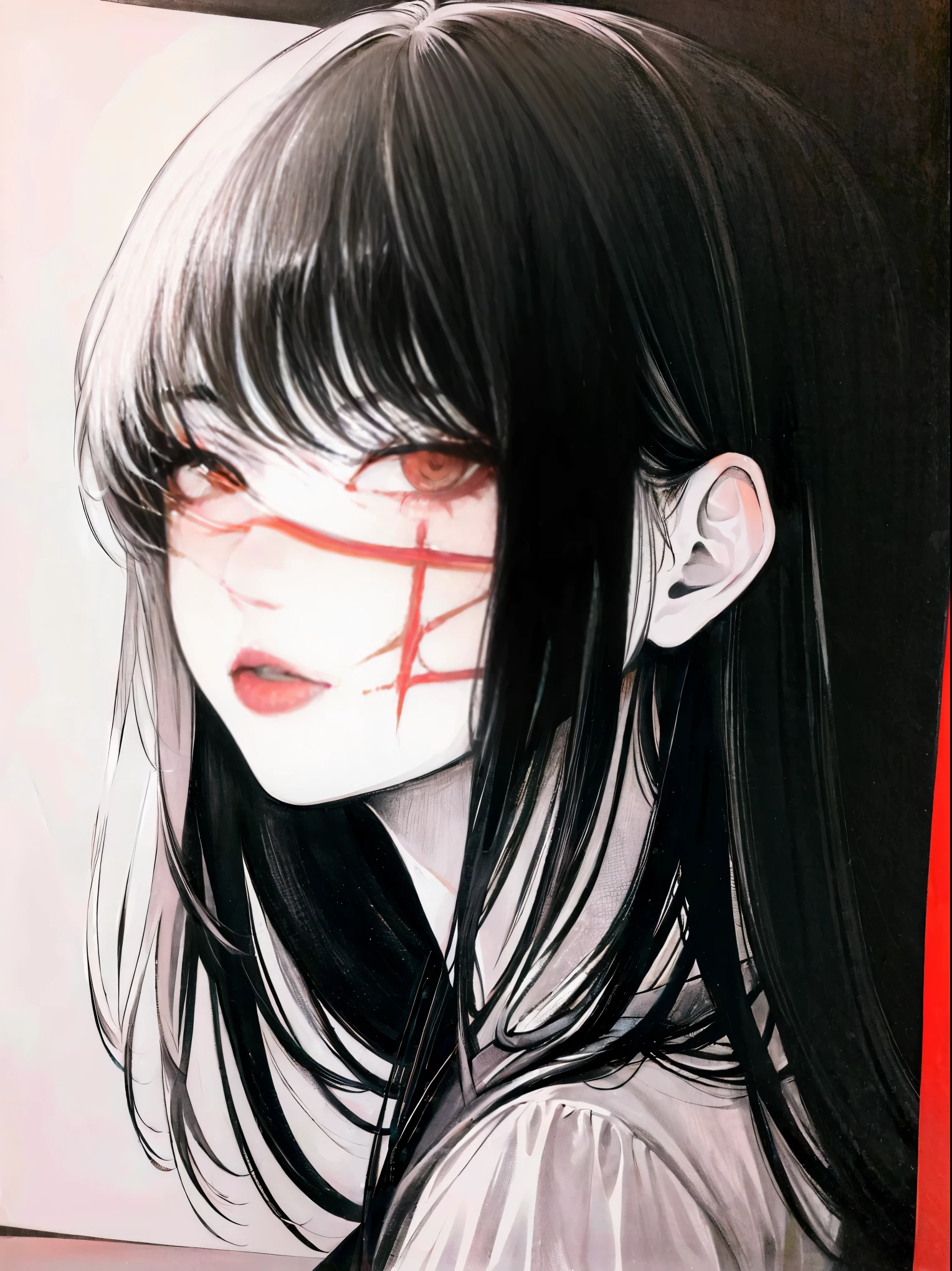 Yoru, vestida de colegial, camisa, Cinta para el cuello, mangas largas, Tema oscuro, (Mirando al espectador, retrato:1.5), black and rojo, rojo details, Runas brillantes_rojo,