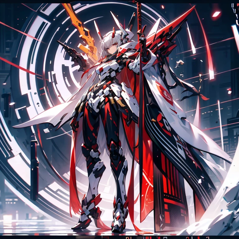 a girl in cool design mecha armor holding weapon in fighting at the sky of cyber city