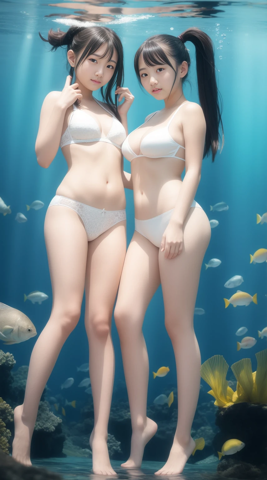 female high-school student、girl with 、サイドponeyTail、Multiple people、cute little、ar old、Straight face、childish、Junior Idol、a babyking at viewert、a picture、逼真、top-quality、adopt、A detailed face、细致背景、diffuse lighting、depth of fields、underwater background、Sea background、white panties、White bra、Underwear、full body Esbianショット、full body Esbian、A dark-haired、poneyTail、middlebreasts、chubby figure、2guys