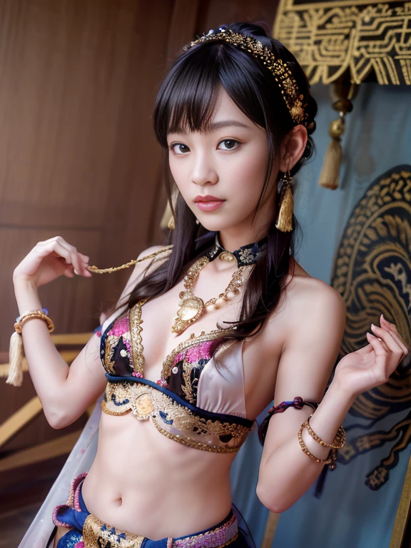 An ancient Chinese beauty,Dance,The ornate costumes are embroidered with intricate embroidery,A long colored streamer is tied around the arm,flowy,Open navel,cropped shoulderare neck,Yingluo,Black coiled hair bun hairpin hairband,The armband is tied with a streamer,Bracelet,Anklets,A metal chain tassel is tied around the waist,Mogao Cave Art,Inspiration for the Dunhuang flying mural,water ink,CGstation is popular ,NSFolden decoration,nipple tassels,Show your toeull bodyesbian --v 6