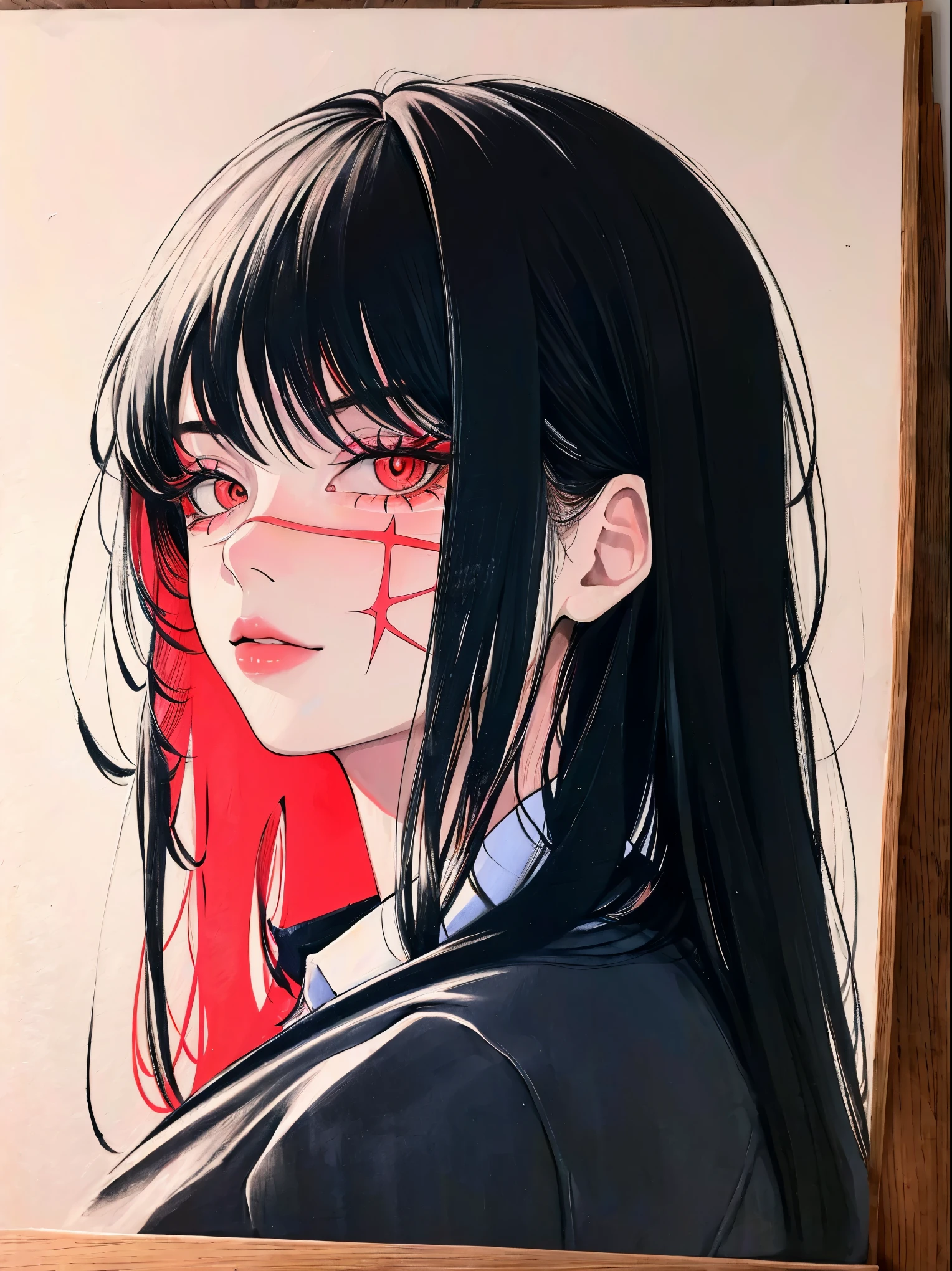 Yoru, vestida de colegial, camisa, Cinta para el cuello, mangas largas, Tema oscuro, (Mirando al espectador, retrato:1.5), black and rojo, rojo details, Runas brillantes_rojo,