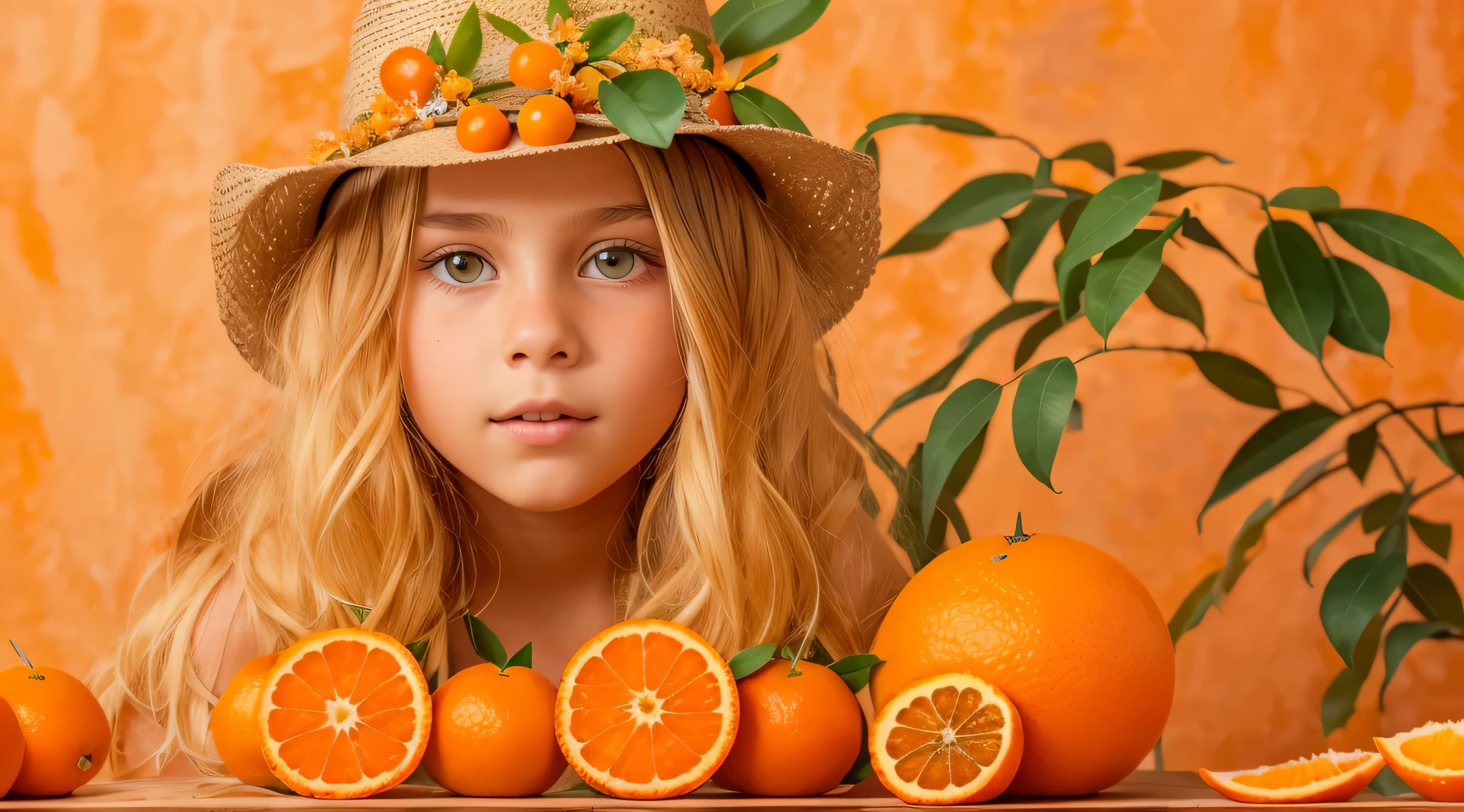  Russian child girl,e up, PORTRAIT, with long blonde hair, in a cowboy hat, many oranges with leaves on them on a table, oranges, extremely coherent orange, orange skin, orange and orange slices, orange colors, orange color, orange backgorund orange, orange, orange slices, vibrant orange, orange background, an orange, orange colors,  very orange, orange theme, orange minerals, in front of an orange background, orange plants