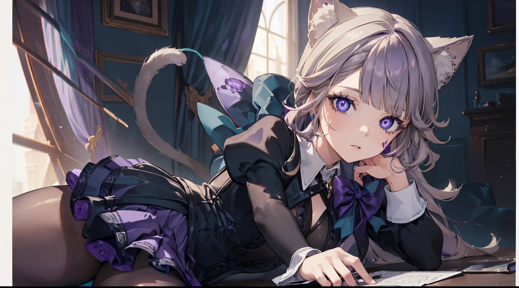 (((4k, masterpiece, top-quality))) ,8k, best quality, high resolution, HD, unity 8k wallpaper, (((illustration))), (((beautiful purple detailed eyes:1.6))), extremely detailed face, perfect lighting, extremely detailed CG, (perfect hands, perfect anatomy), lynette, animal ear fluff, animal ears, cat ears, hair bow, (purple eyes:1.1), brown hair, (((single star on left cheek))), bow, green bow, hat, leotard, long sleeves, miniskirt, pantyhose, skirt, top hat,