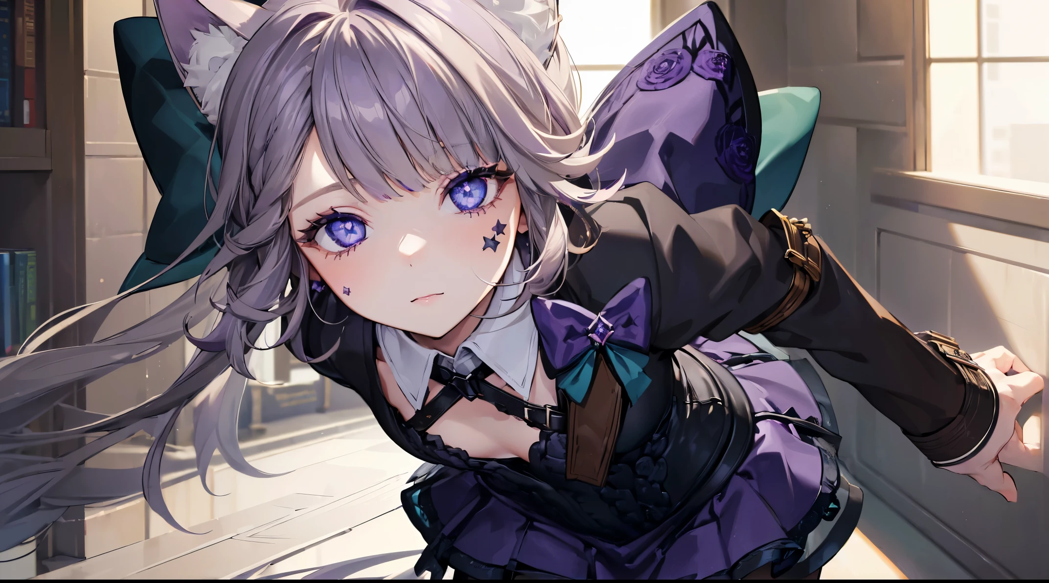 (((4k, masterpiece, top-quality))) ,8k, best quality, high resolution, HD, unity 8k wallpaper, (((illustration))), (((beautiful purple detailed eyes:1.6))), extremely detailed face, perfect lighting, extremely detailed CG, (perfect hands, perfect anatomy), lynette, animal ear fluff, animal ears, cat ears, hair bow, (purple eyes:1.1), brown hair, (((single star on left cheek))), bow, green bow, hat, leotard, long sleeves, miniskirt, pantyhose, skirt, top hat,