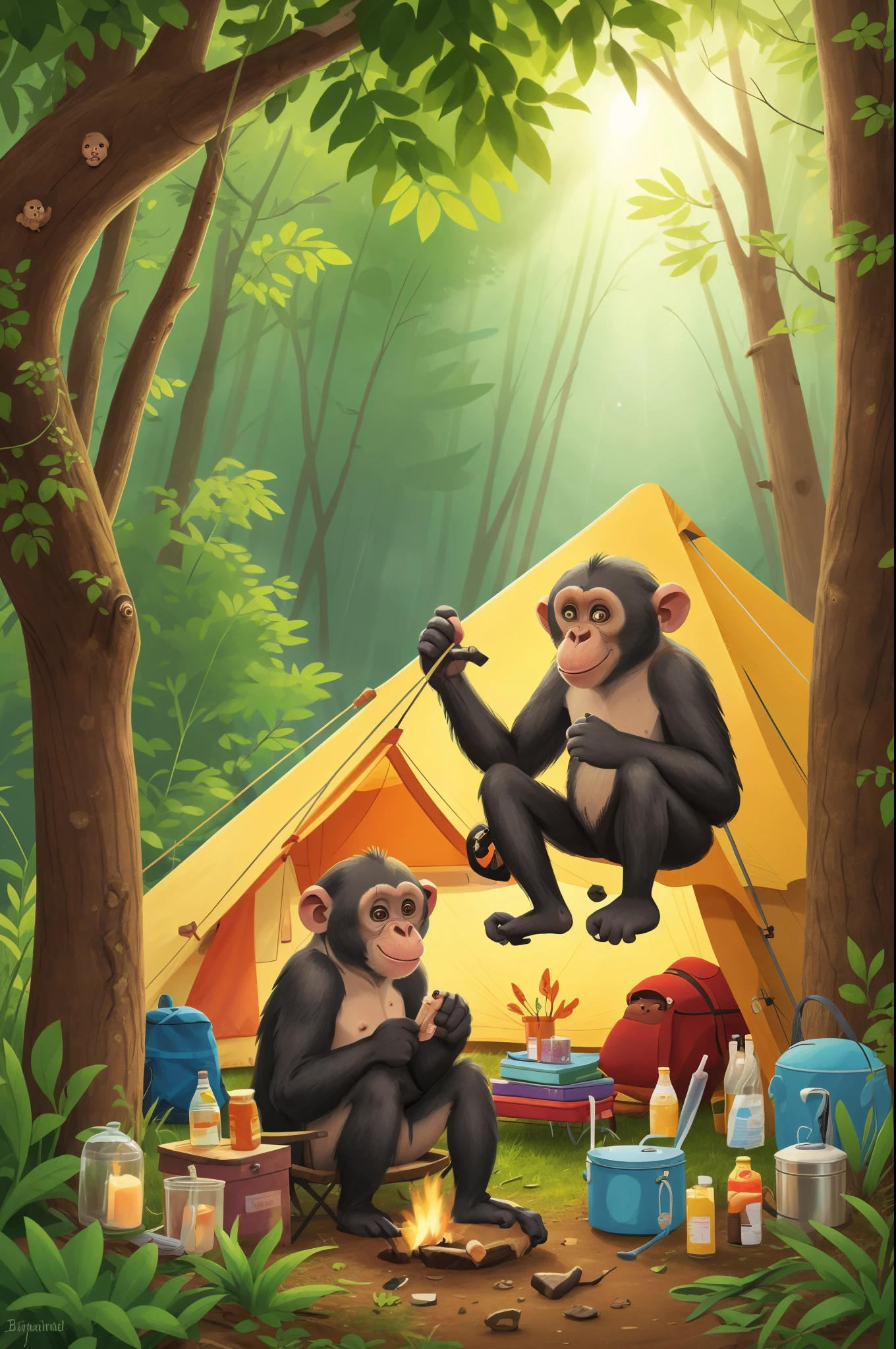 a Chimpanzee is camping, kid, Boreal Forest