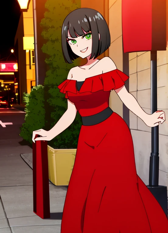 1 girl, Teenage, Black hair, Short black hair, Medium Hair, Bob Hair, Green eyes, off shoulder dress, red Flamenco Dress, Flamenco dancer, sleeveless, red long skirt, Smile, the city street, Sexy, nighttime, masterpiece, High quality, better lighting.