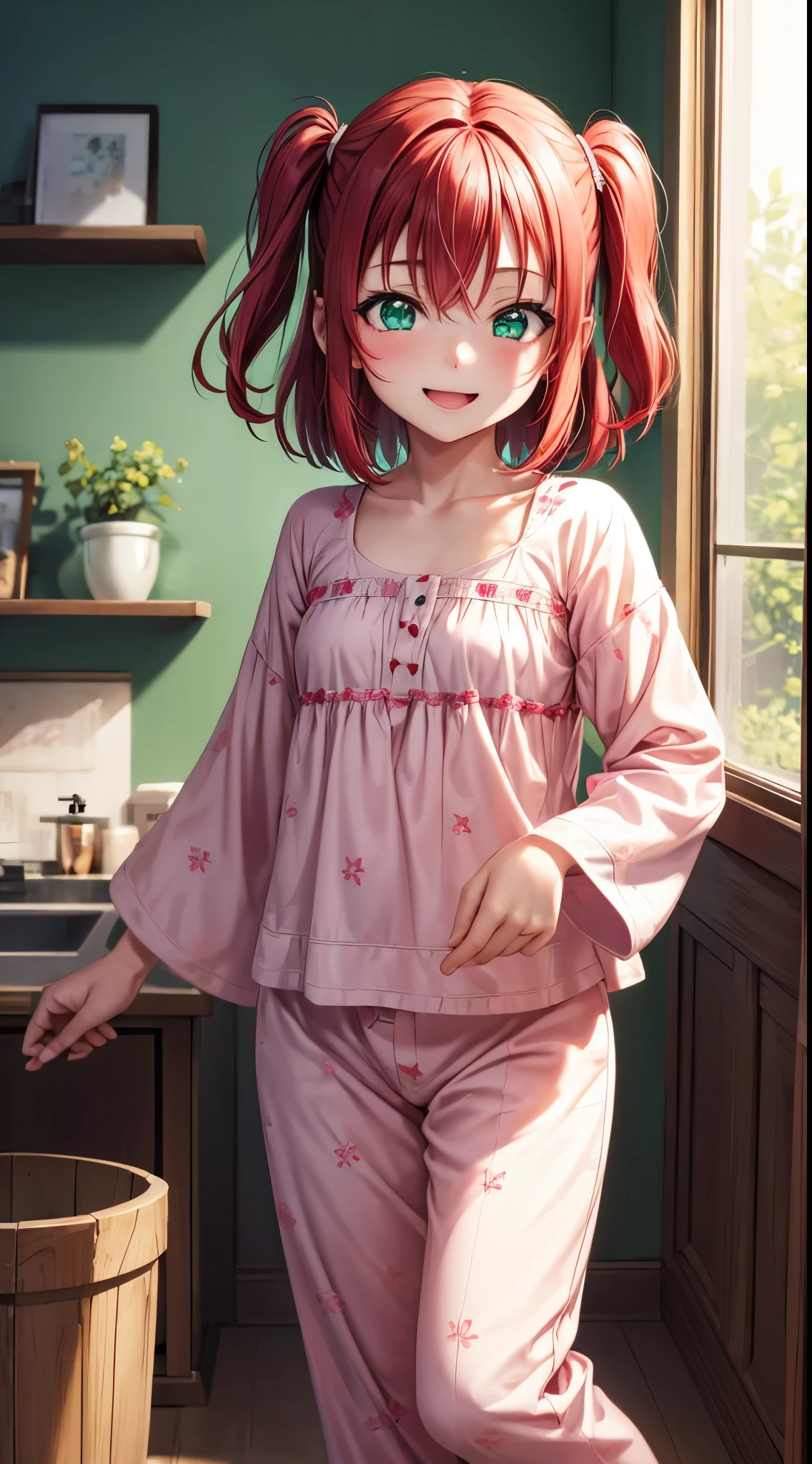 Chibi, (masterpiece, best quality), illustration, detailed eyes, 1girl, solo, kurosawa ruby, flat chest, red hair, two side up, green eyes, smile, 
Wear pajamas , at home,