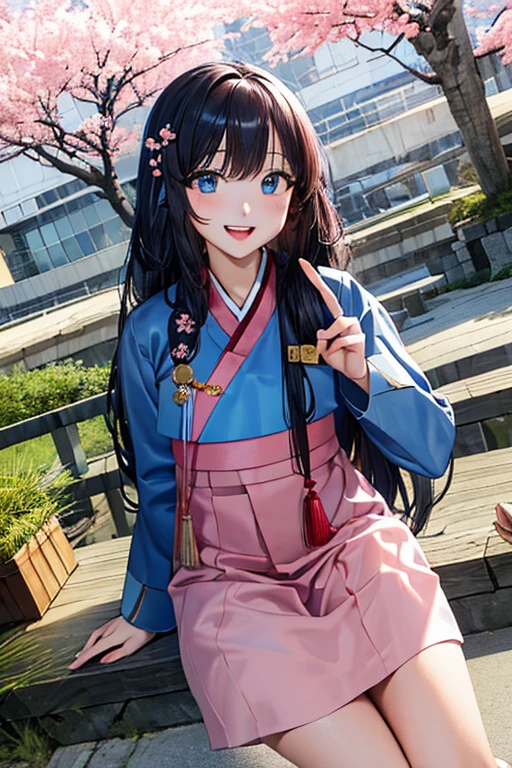 masterpiece, best quality, highres, bbhana, long hair, blacj hair, single braid, hair ornament, whisker markings, ((korean clothes)), ((hanbok)), long sleeves, striped sleeves, ((sky blue jacket)), pink skirt, cherry blossoms, outdoors, standing, smile, open mouth, peace sign, blue eyes, large breast, sexy,