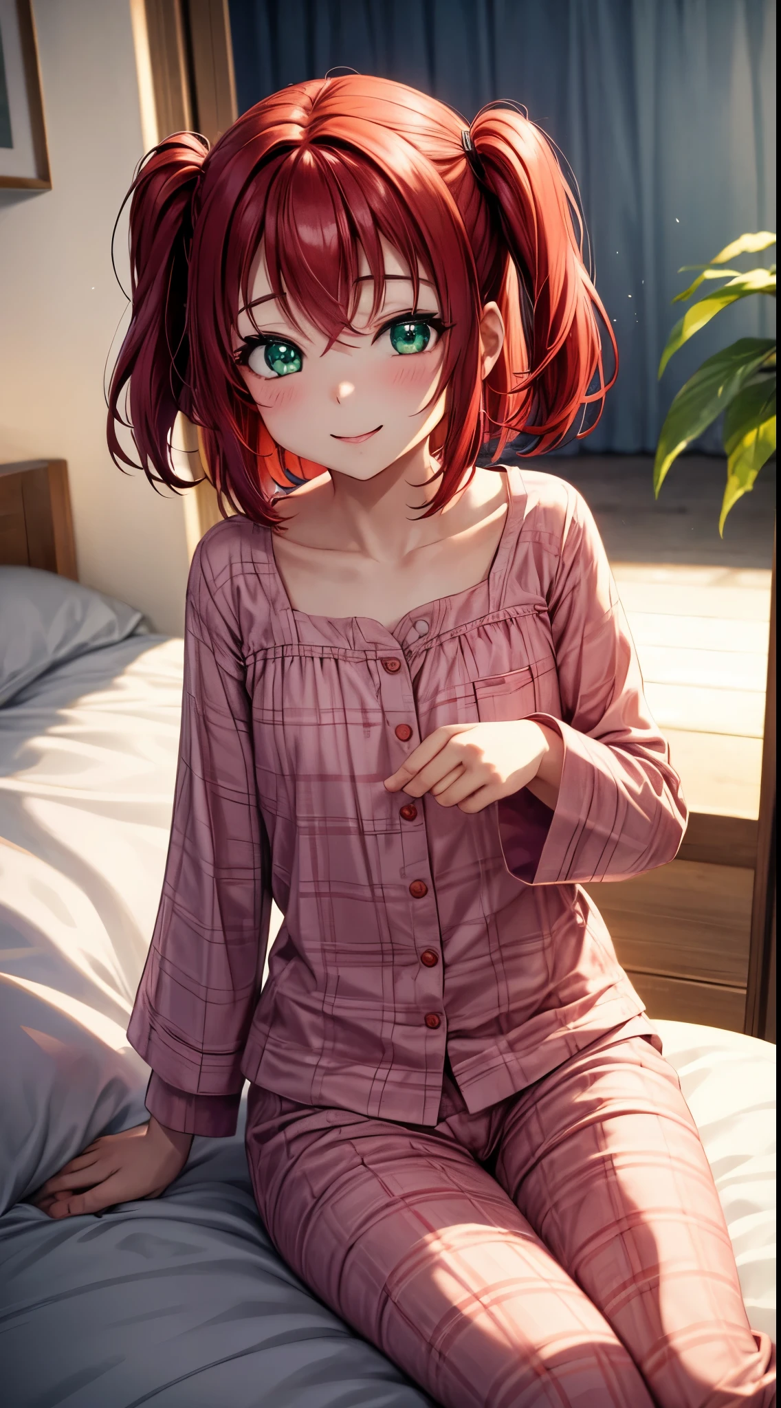 Chibi, (masterpiece, best quality), illustration, detailed eyes, 1girl, solo, kurosawa ruby, flat chest, red hair, two side up, green eyes, smile, 
Wear pajamas , at home,