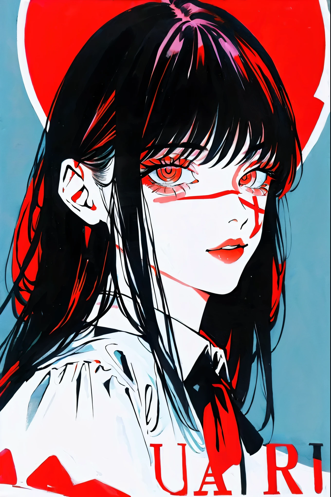Yoru, vestida de colegial, camisa, Cinta para el cuello, mangas largas, Tema oscuro, (Mirando al espectador, retrato:1.5), black and rojo, rojo details, Runas brillantes_rojo,
