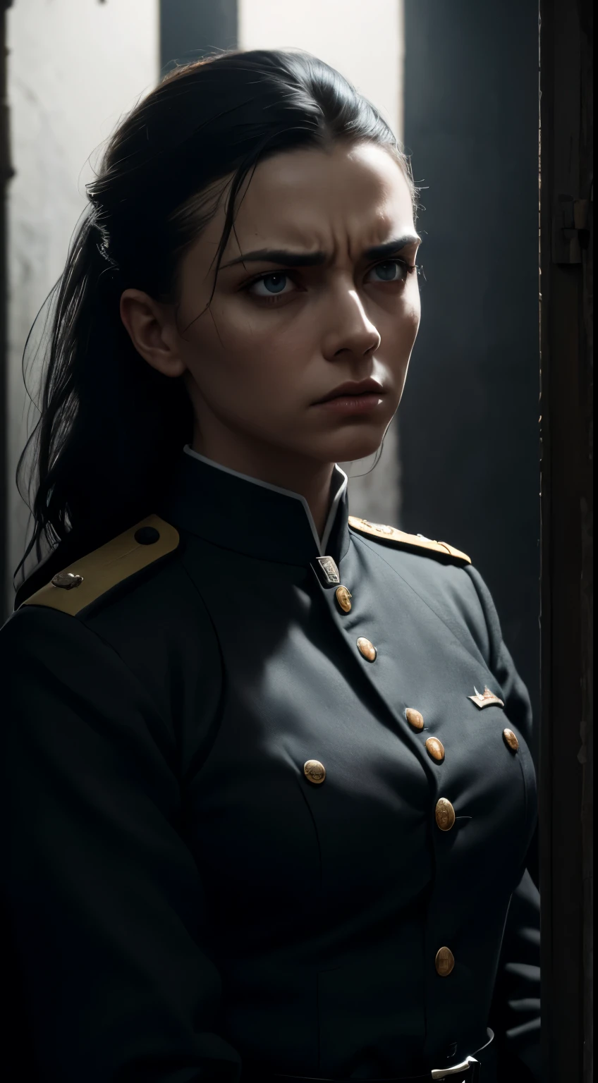 (best quality,4k,8k,highres,masterpiece:1.2), ultra-detailed, extreme detail description, realistic:1.37, HDR, studio lighting, professional, vivid colors, bokeh, portraits, oil painting, eerie atmosphere, intense emotions, dark shades, contrast, haunting, unsettling, historical accuracy, detailed facial features, cold-hearted expression, stern gaze, menacing aura, impeccable skin texture, fine lines, convict's fear, emotional turmoil, dramatic lighting, dramatic shadows, cramped and desolate barracks, authentic Nazi officer uniform, piercing eyes, sculpted cheekbones, restrained passion, helpless prisoner, twisted power dynamics, intense connection, visible tension, emotional depth, disturbing narrative