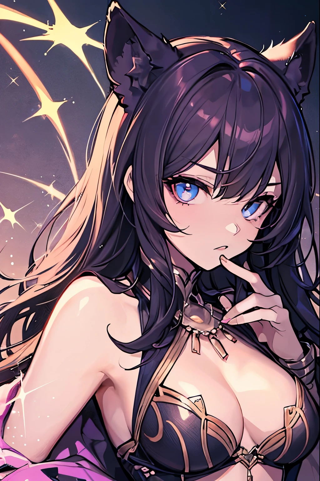 (8K, Best Quality, masutepiece:1.2), 1girl in, beautiful black panther woman, black leopard print clothes, A detailed eye, False lashes, a small nose, Toned body, Glossy thighs, large full breasts, Thumb and four fingers, Anatomically correct fingers, detail portrayal, Lustrous skin, Sparkle,