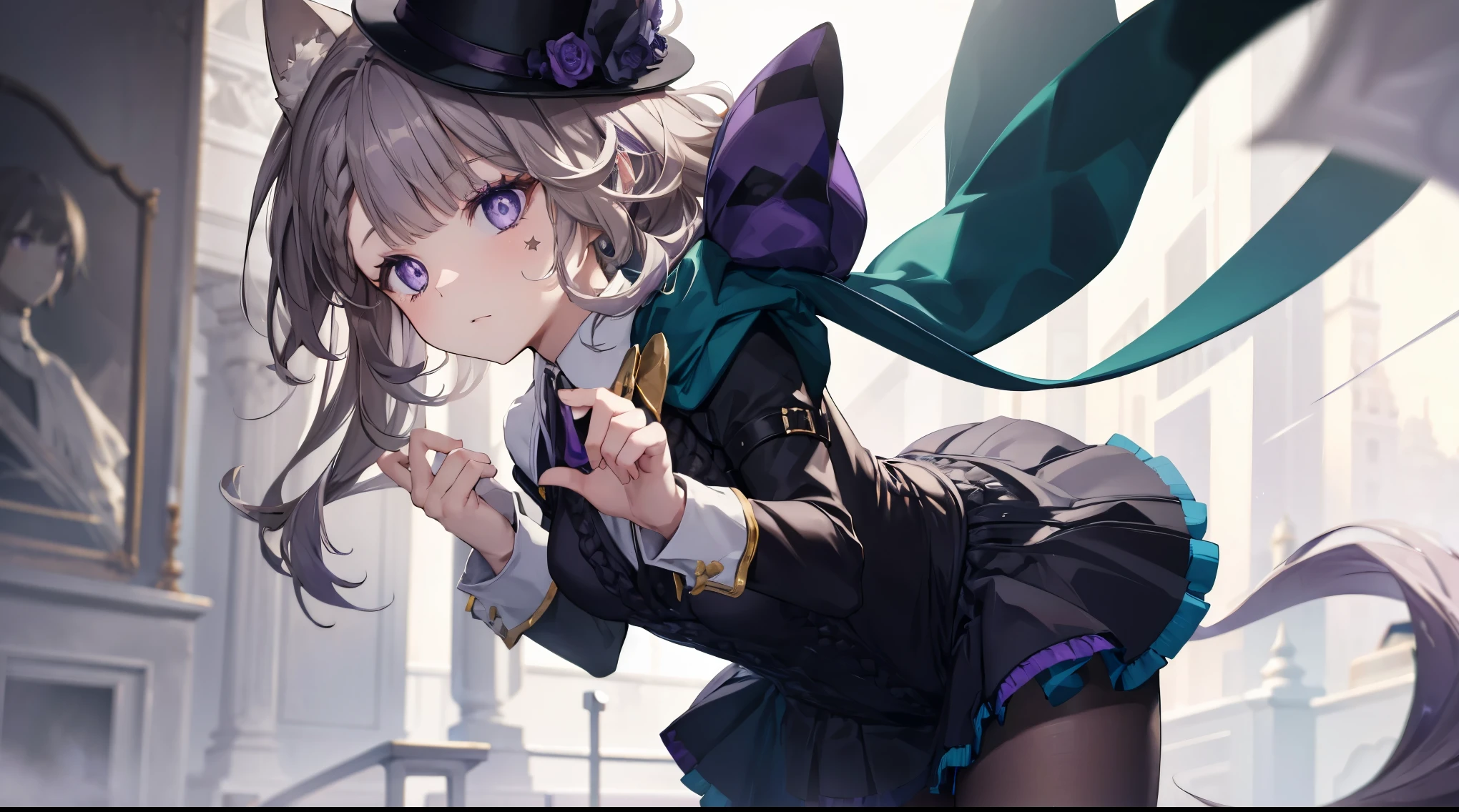 (((4k, masterpiece, top-quality))) ,8k, best quality, high resolution, HD, unity 8k wallpaper, (((illustration))), (((beautiful purple eyes:1.6))), extremely detailed face, perfect lighting, extremely detailed CG, (perfect hands, perfect anatomy), lynette, animal ear fluff, animal ears, cat ears, hair bow, (purple eyes:1.1), brown hair, (((single star on left cheek))), bow, green bow, hat, leotard, long sleeves, miniskirt, pantyhose, skirt, top hat,