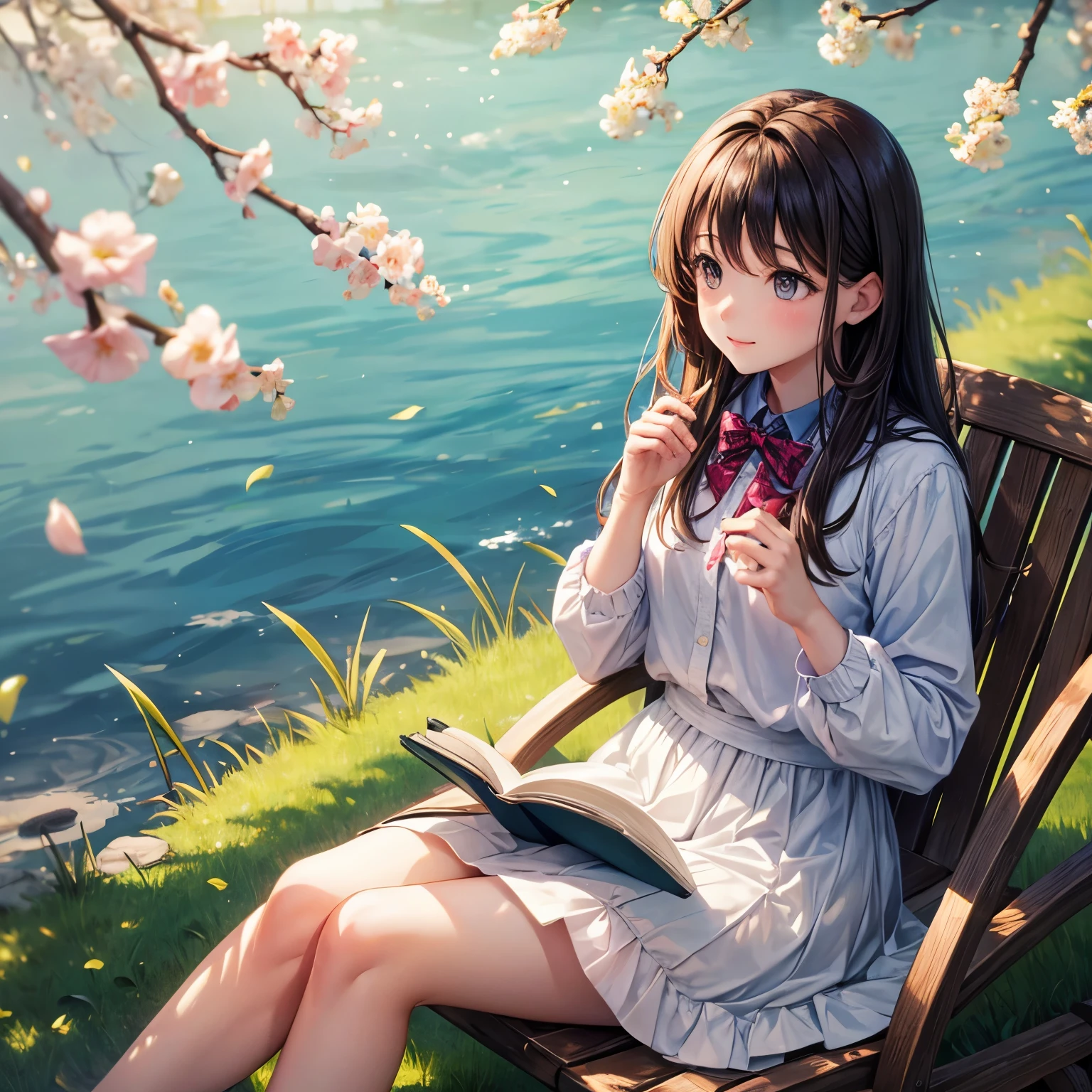 Girl reading by the lake, vivd colour, springtime, Willow branches, cozily, warm sunlight