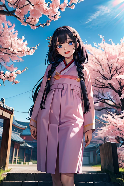 masterpiece, best quality, highres, bbhana, long hair, blacj hair, single braid, hair ornament, whisker markings, ((korean clothes)), ((hanbok)), long sleeves, striped sleeves, ((sky blue jacket)), pink skirt, cherry blossoms, outdoors, standing, smile, open mouth, peace sign, blue eyes, large breast, sexy,