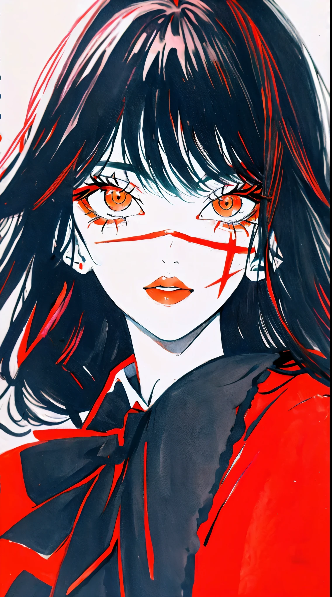 Yoru, vestida de colegial, camisa, Cinta para el cuello, mangas largas, Tema oscuro, (Mirando al espectador, retrato:1.5), black and rojo, rojo details, Runas brillantes_rojo,