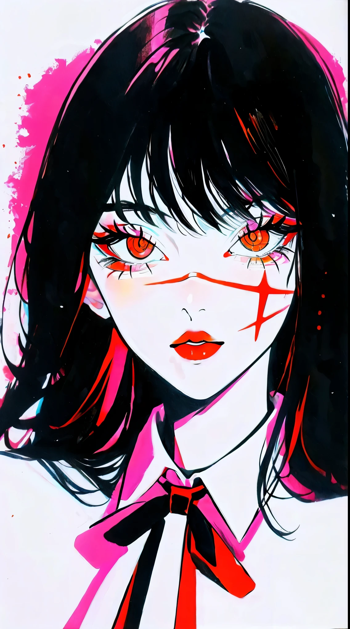 Yoru, vestida de colegial, camisa, Cinta para el cuello, mangas largas, Tema oscuro, (Mirando al espectador, retrato:1.5), black and rojo, rojo details, Runas brillantes_rojo,