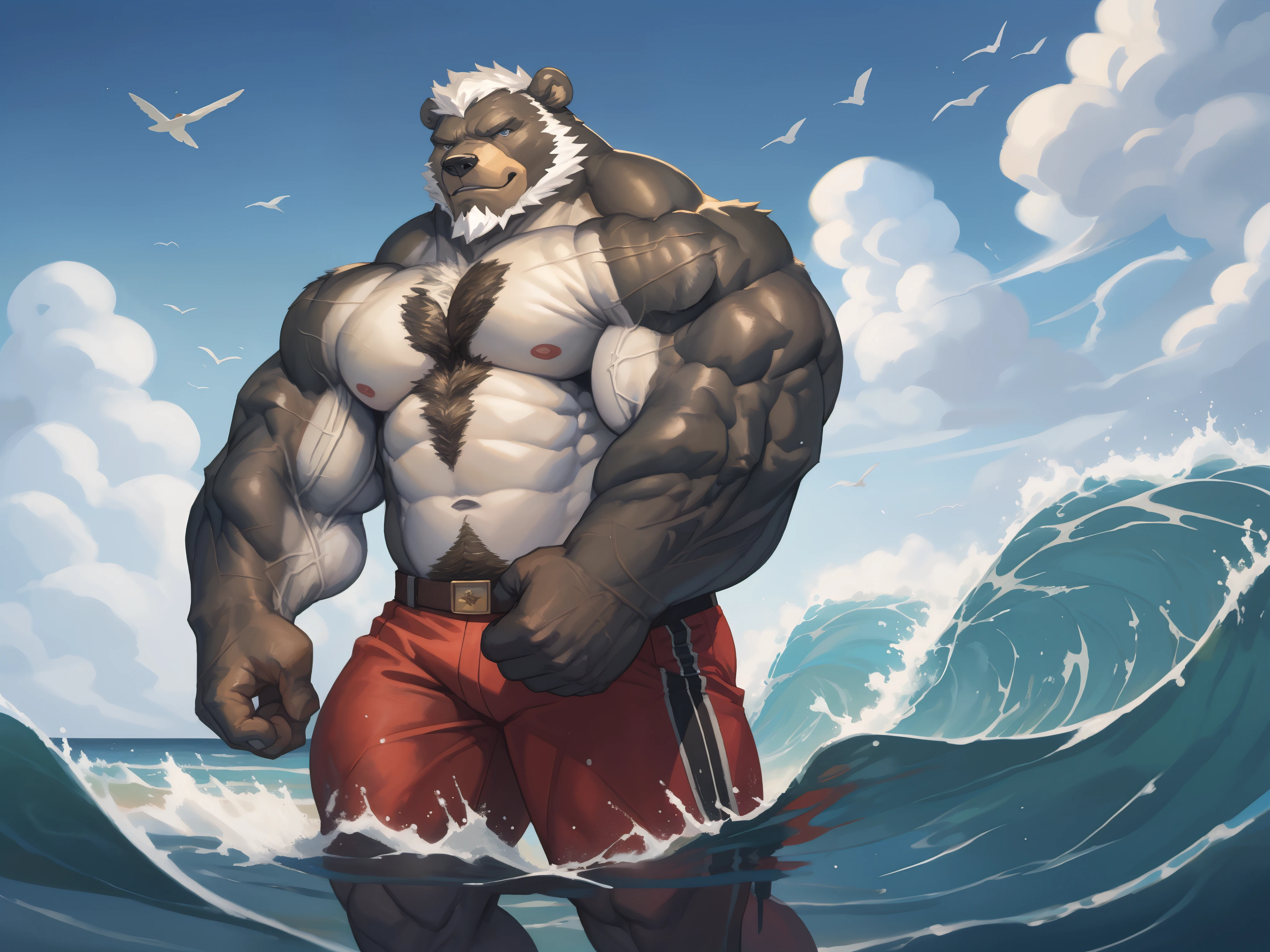 a huge muscular furry bear old man swimming in sea, beach, wave, huge shoulder muscle , shirtless, muscle, strong man, huge muscle, short hair, bearded, white hair and beard, wrinkles skinned, strong muscle, strong and intimidated, masterpiece, muscular, commission for high res, male, fantasy art, very very beautiful art, art painting , painting art