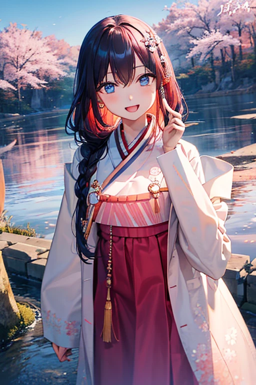 masterpiece, best quality, highres, bbhana, long hair, blacj hair, single braid, hair ornament, whisker markings, ((korean clothes)), ((hanbok)), long sleeves, striped sleeves, ((sky blue jacket)), pink skirt, cherry blossoms, outdoors, standing, smile, open mouth, peace sign, blue eyes, large breast, sexy,