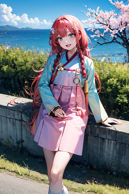 masterpiece, best quality, highres, bbhana, long hair, blacj hair, single braid, hair ornament, whisker markings, ((korean clothes)), ((hanbok)), long sleeves, striped sleeves, ((sky blue jacket)), pink skirt, cherry blossoms, outdoors, standing, smile, open mouth, peace sign, blue eyes, large breast, sexy,