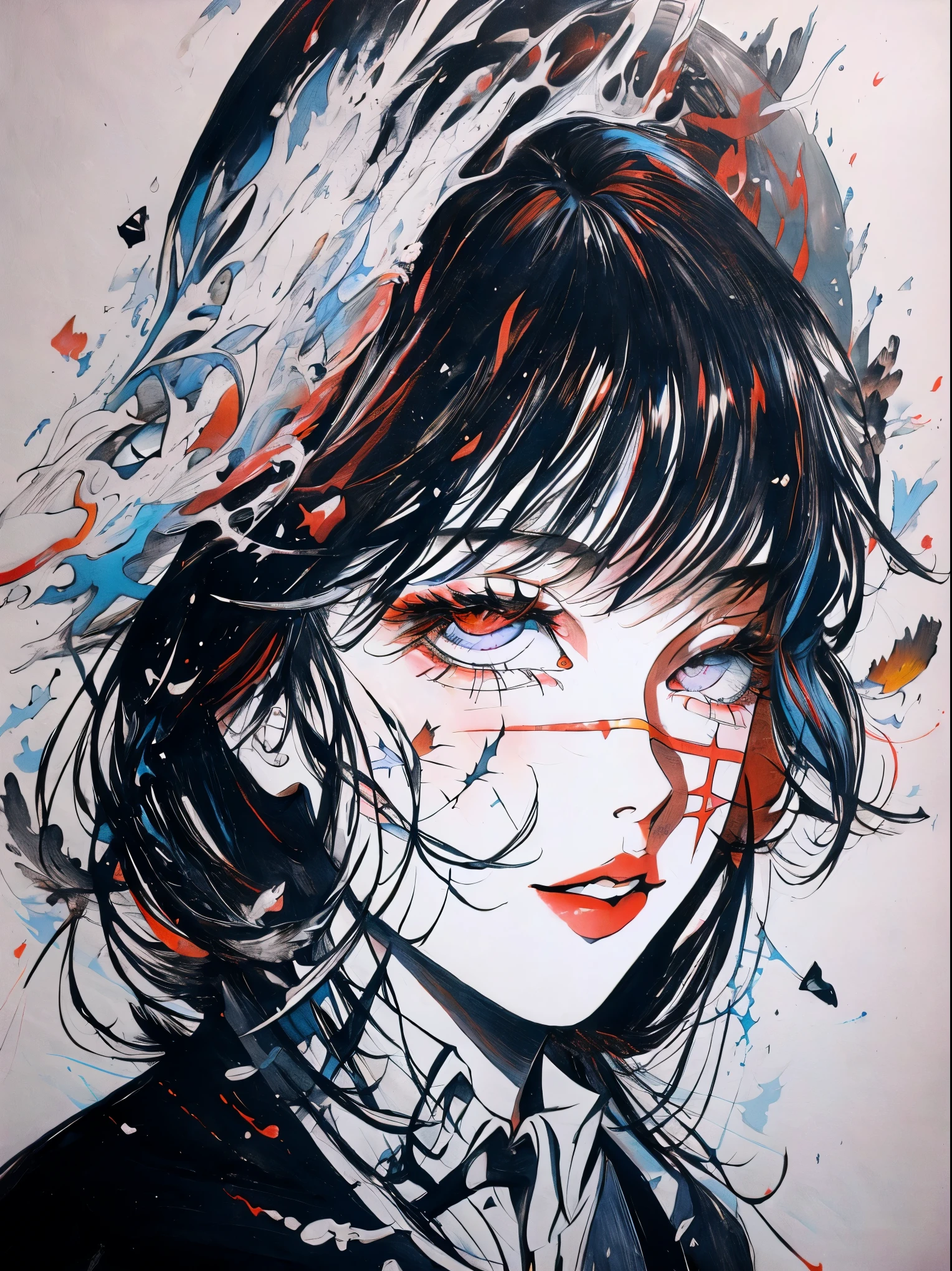 Yoru, vestida de colegial, camisa, Cinta para el cuello, mangas largas, Tema oscuro, (Mirando al espectador, retrato:1.5), black and rojo, rojo details, Runas brillantes_rojo,